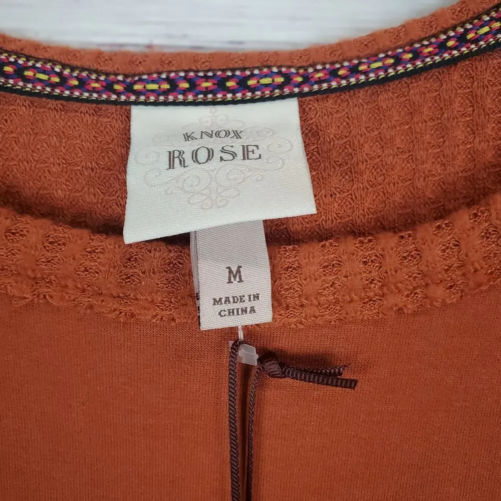 Knox Rose Lace Waffle Knit Thermal Top M Burnt Orange Sweater Earthy Neutral NWT